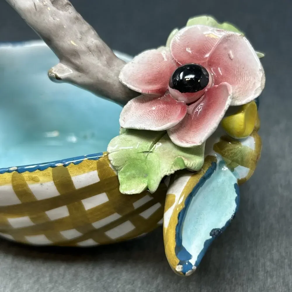 Vintage Italian Majolica Floral Bowl Hand Painted LE 472 Italy Twig Basket READ